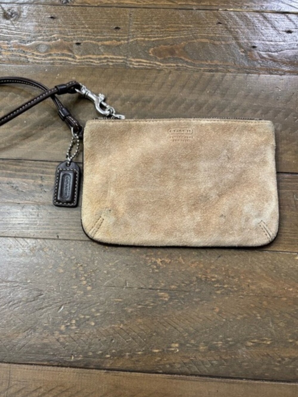 Coach Tan Suede Wristlet with Dark Leather Strap